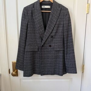 Zara Gray Plaid Double-Breasted Blazer